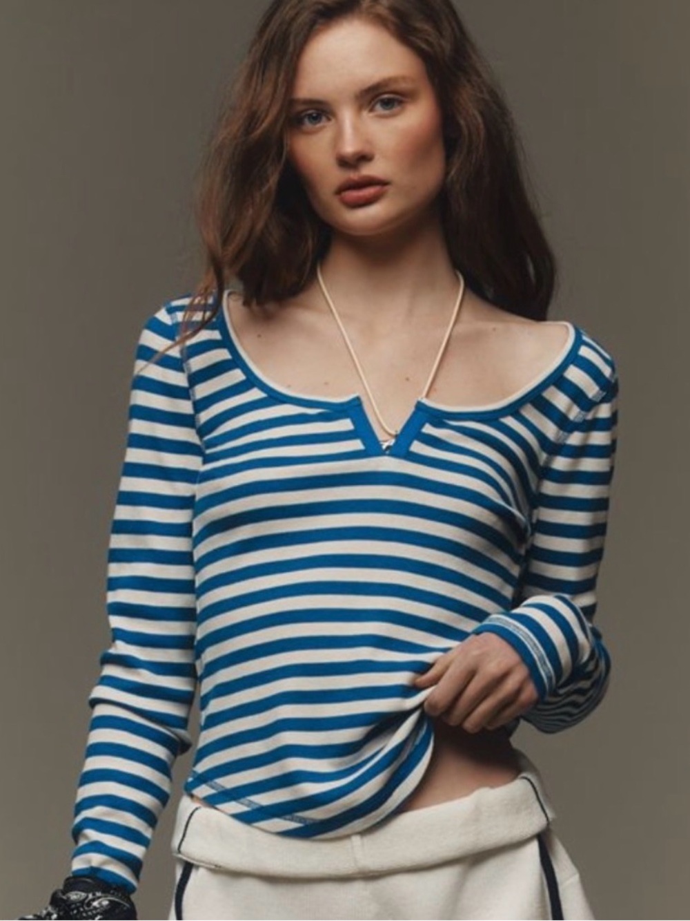 Anthropologie Pilcro Blue&Cream Striped Long-Sleeve Scoop Notch Top Size MEDIUM